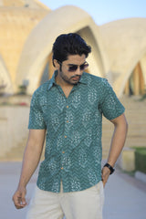 Men's Sage Green & White Leaf Block Print Cotton Shirt - Short Sleeve