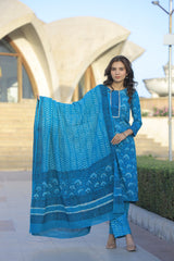 Vibrant Peacock Blue Pure Cotton Block Printed Suit Set with Pure MulMul Dupatta