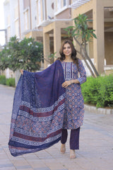 Deep Indigo Blue Pure Cotton Ethnic Block Print Suit Set with MulMul Dupatta
