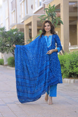 Royal Blue Pure Cotton Hand Block Printed Kurti Pant Set with Soft MulMul Dupatta