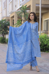 Sky Blue Pure Cotton Hand Block Print Kurti Pant Set with Soft MulMul Dupatta