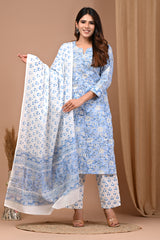 Sky Blue Floral Pure Cotton Hand Block Printed Kurti Pant Set with MulMul Dupatta