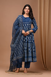 Pure Hand Block Printed Designer Anarkali with Kota Doriya Dupatta