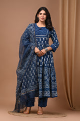 Pure Hand Block Printed Designer Anarkali with Kota Doriya Dupatta