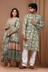 Sage Green & Off-White Floral Block Print Couple Set