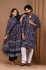Navy Blue Paisley Block Print Anarkali & Kurta Couple Set