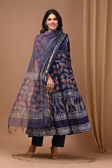Pure Hand Block Printed Designer Anarkali with Kota Doriya Dupatta