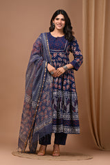 Pure Hand Block Printed Designer Anarkali with Kota Doriya Dupatta