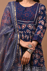 Pure Hand Block Printed Designer Anarkali with Kota Doriya Dupatta