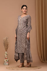 Earthy Taupe Grey Pure Cotton Hand Block Printed Suit Set with MulMul Dupatta