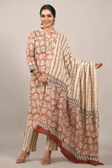 Terracotta Rust Pure Cotton Leaf Hand Block Print Suit Set with MulMul Dupatta