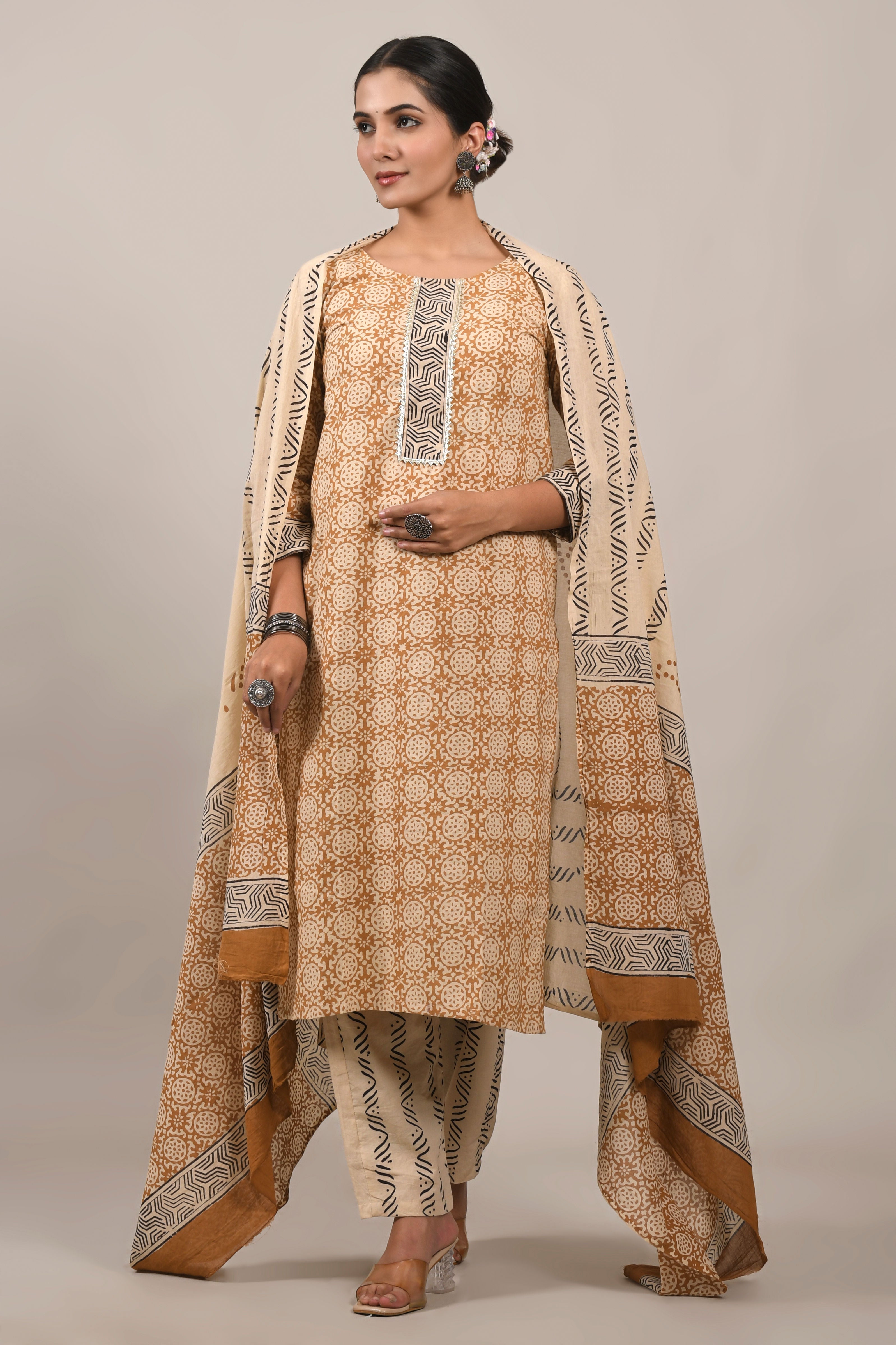 Mustard Yellow Pure Cotton Lattice Hand Block Print Set with Pure MulMul Dupatta