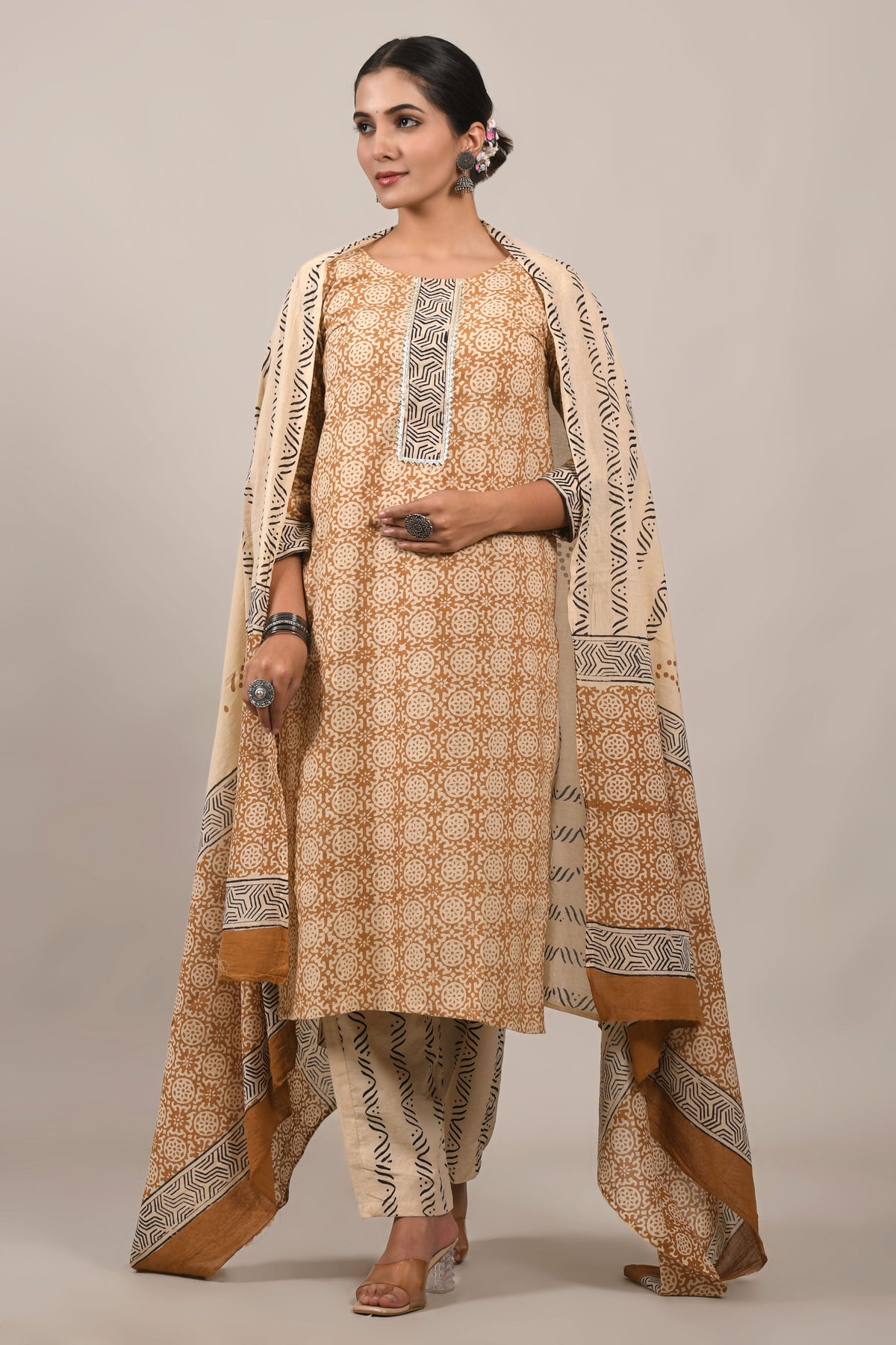 Mustard Yellow Pure Cotton Lattice Hand Block Print Set with Pure MulMul Dupatta