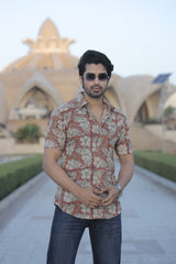 Men's Floral Block Print Cotton Button-Down - Rust/Cream