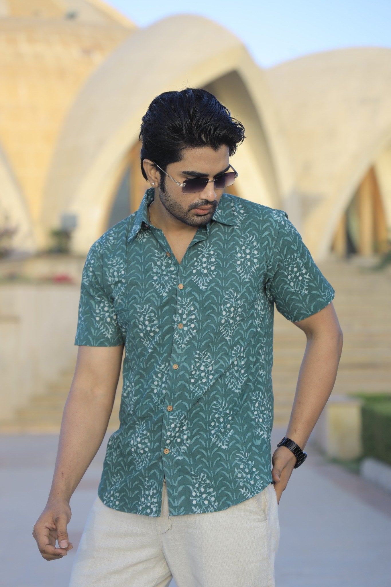 Men's Sage Green & White Leaf Block Print Cotton Shirt - Short Sleeve
