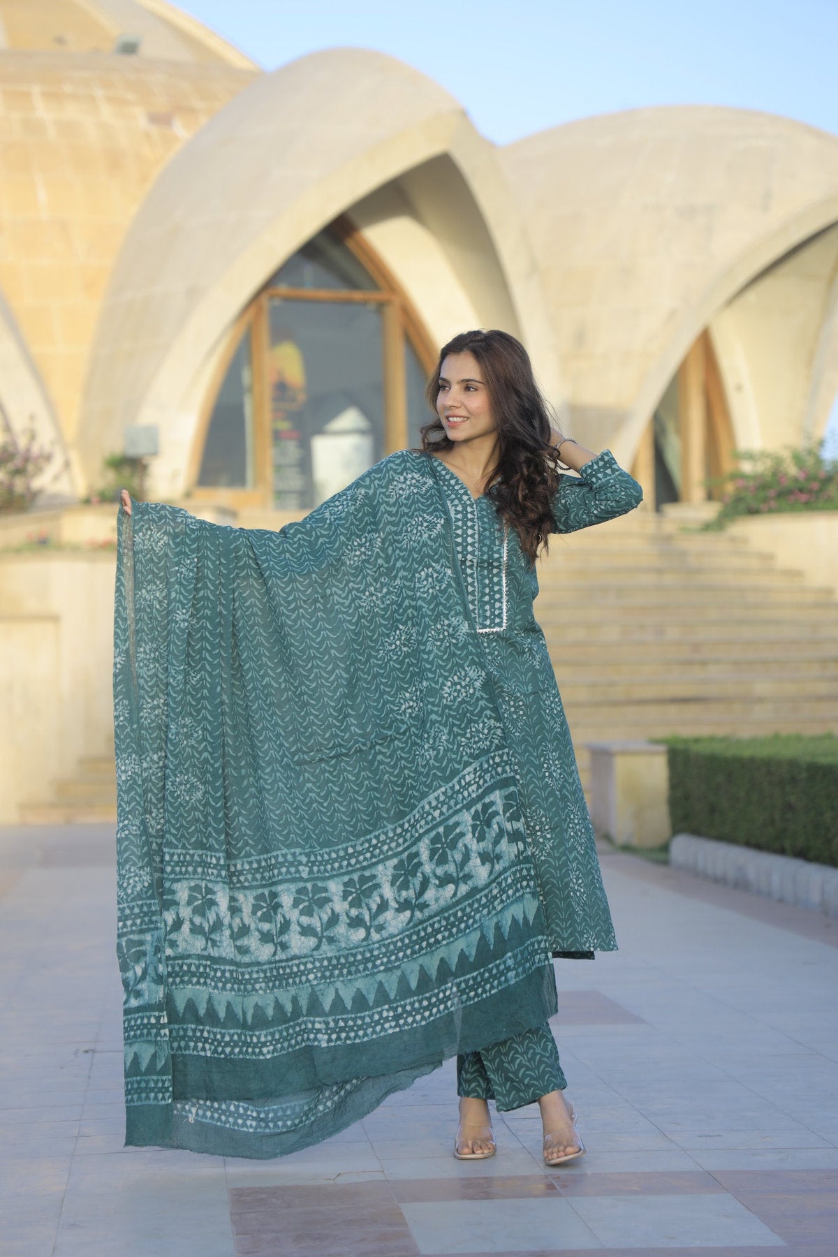 Teal Sea Green Pure Cotton Hand Block Print Kurti Pant Set with MulMul Dupatta