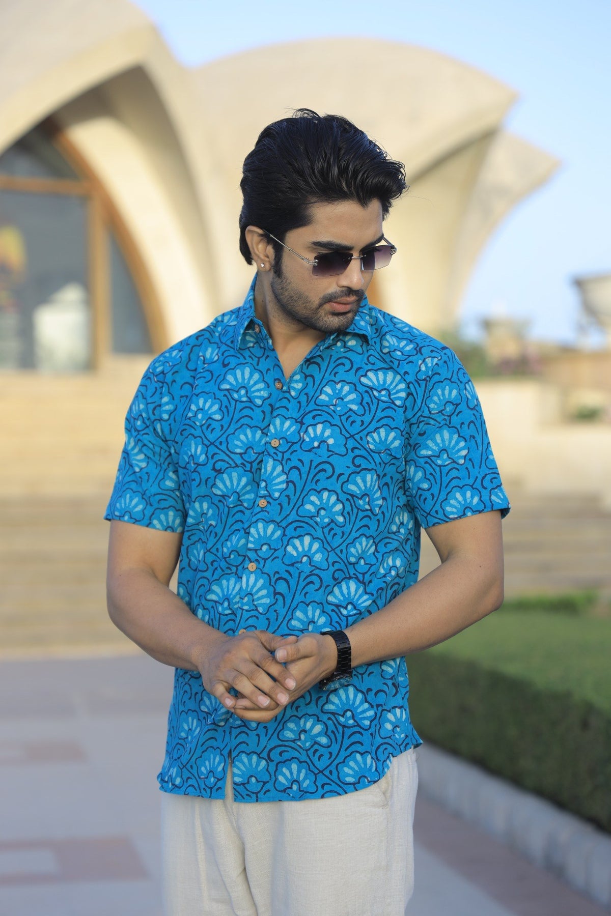 Men's Turquoise & Aqua Floral Hand Block Print Cotton Shirt - Short Sleeve