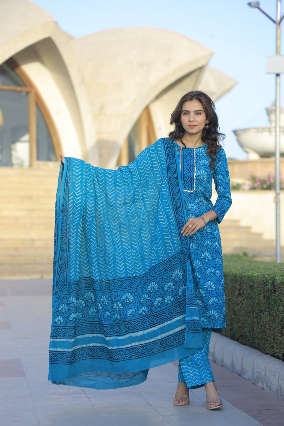 Vibrant Peacock Blue Pure Cotton Block Printed Suit Set with Pure MulMul Dupatta