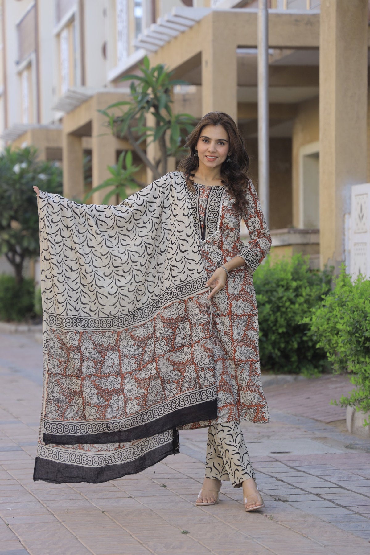 Rust Brown & Cream Pure Cotton Hand Block Printed Suit Set with MulMul Dupatta