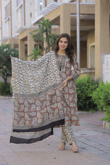 Rust Brown & Cream Pure Cotton Hand Block Printed Suit Set with MulMul Dupatta