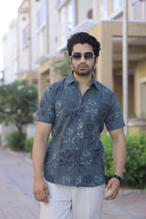 Men's Slate Grey Rose Floral Hand Block Print Cotton Shirt - Short Sleeve