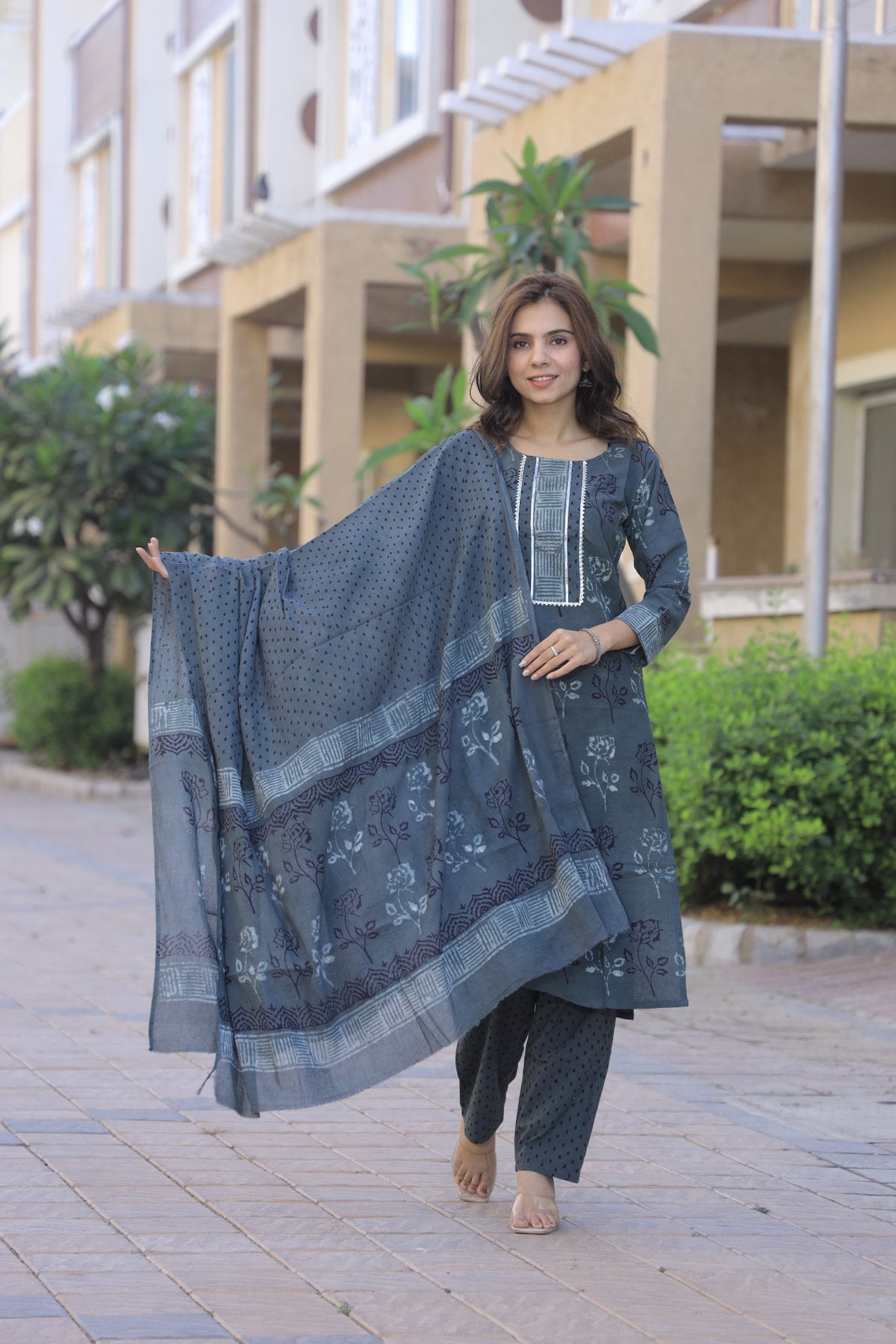 Charcoal Grey Pure Cotton Rose Block Print Kurti Pant Set with MulMul Dupatta