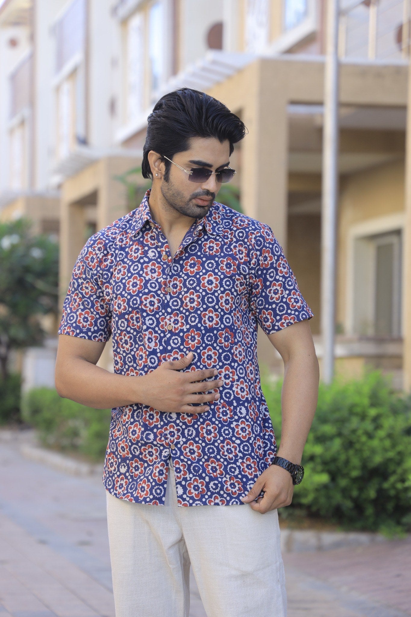 Men's Blue Floral Ajrakh Print Cotton Button-Down Shirt