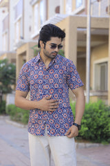 Men's Blue Floral Ajrakh Print Cotton Button-Down Shirt