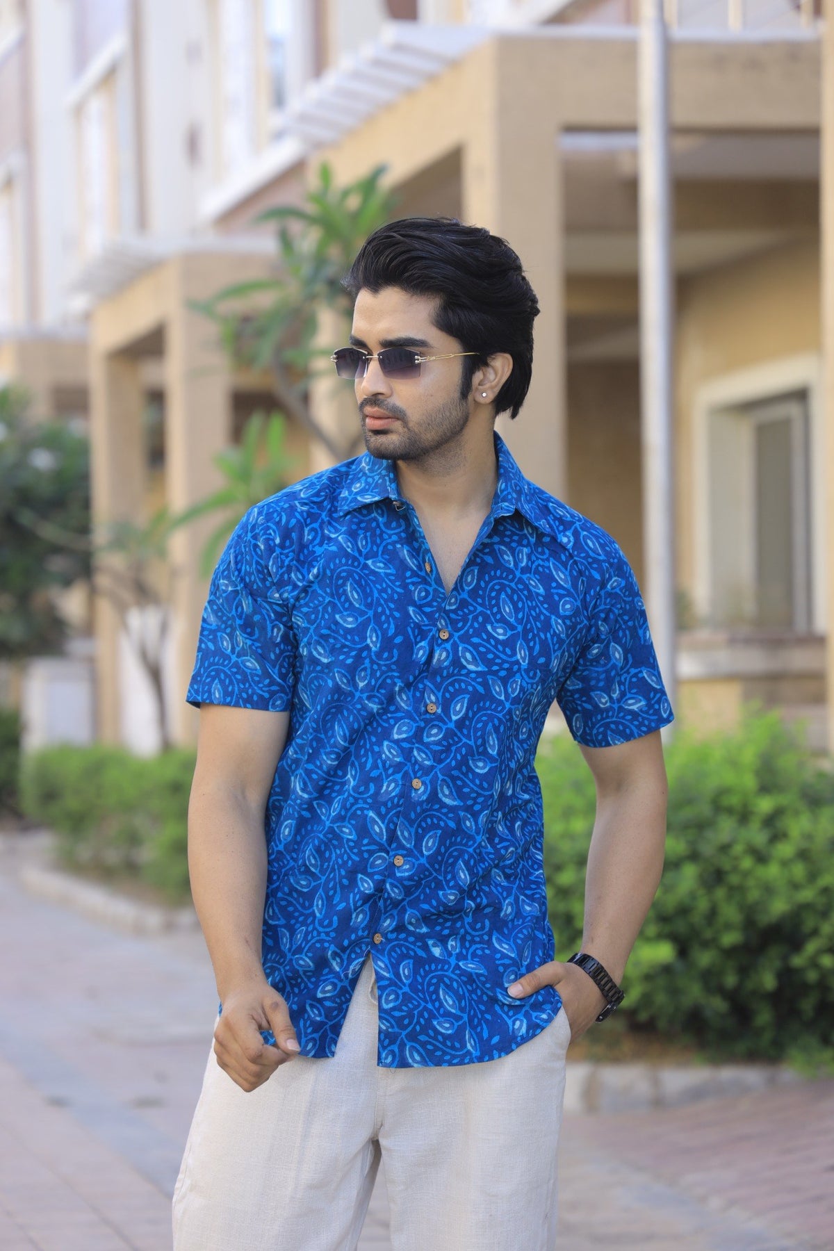 Men's Royal Blue & Sky Blue Leaf Block Print Cotton Shirt - Short Sleeve