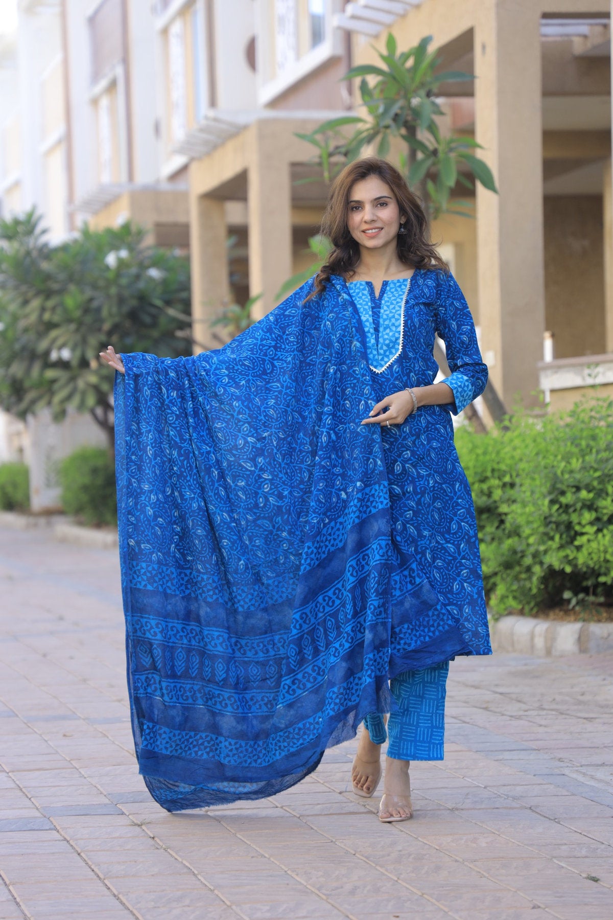 Royal Blue Pure Cotton Hand Block Printed Kurti Pant Set with Soft MulMul Dupatta