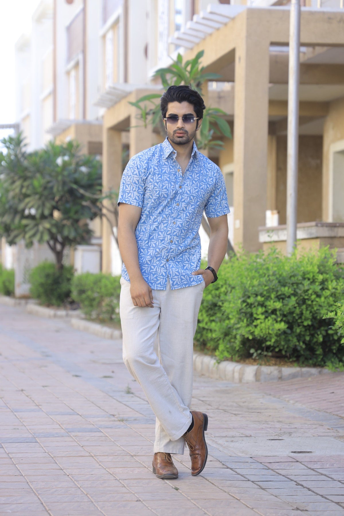 Men's Sky Blue & White Leaf Hand Block Print Cotton Shirt - Short Sleeve