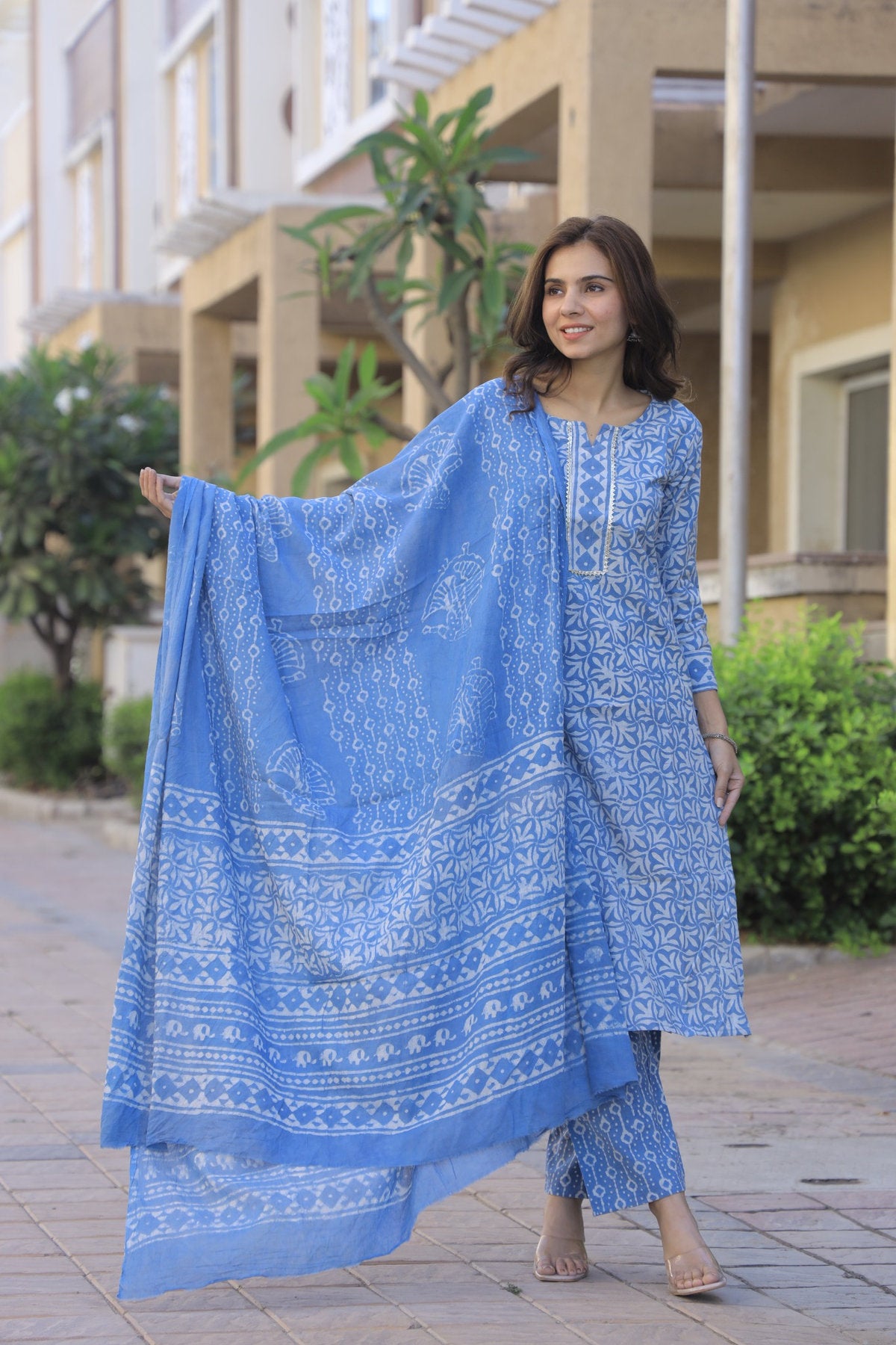 Sky Blue Pure Cotton Hand Block Print Kurti Pant Set with Soft MulMul Dupatta