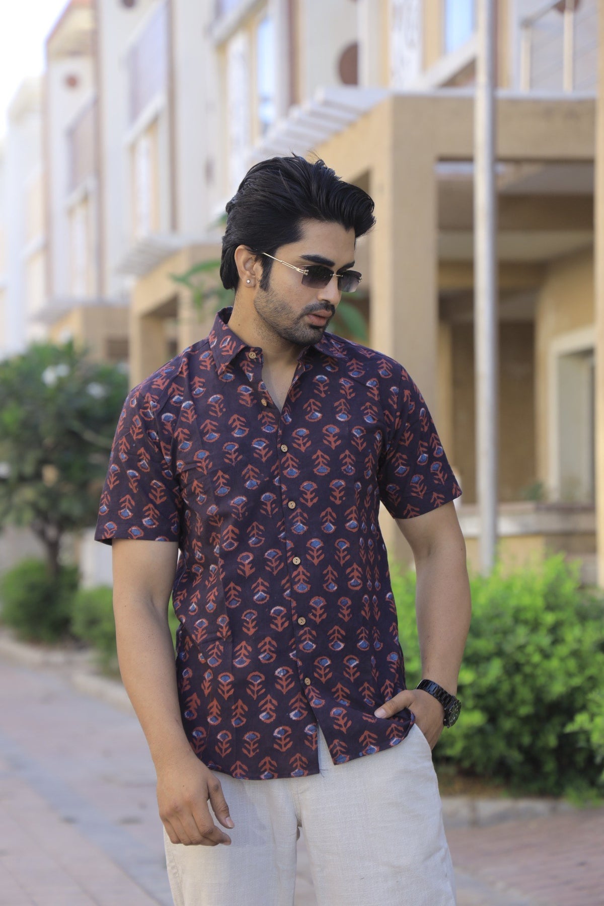 Men's Dark Maroon & Terracotta Floral Hand Block Print Cotton Shirt - Short Sleeve