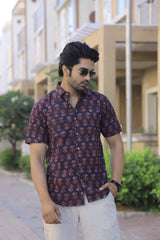 Men's Dark Maroon & Terracotta Floral Hand Block Print Cotton Shirt - Short Sleeve