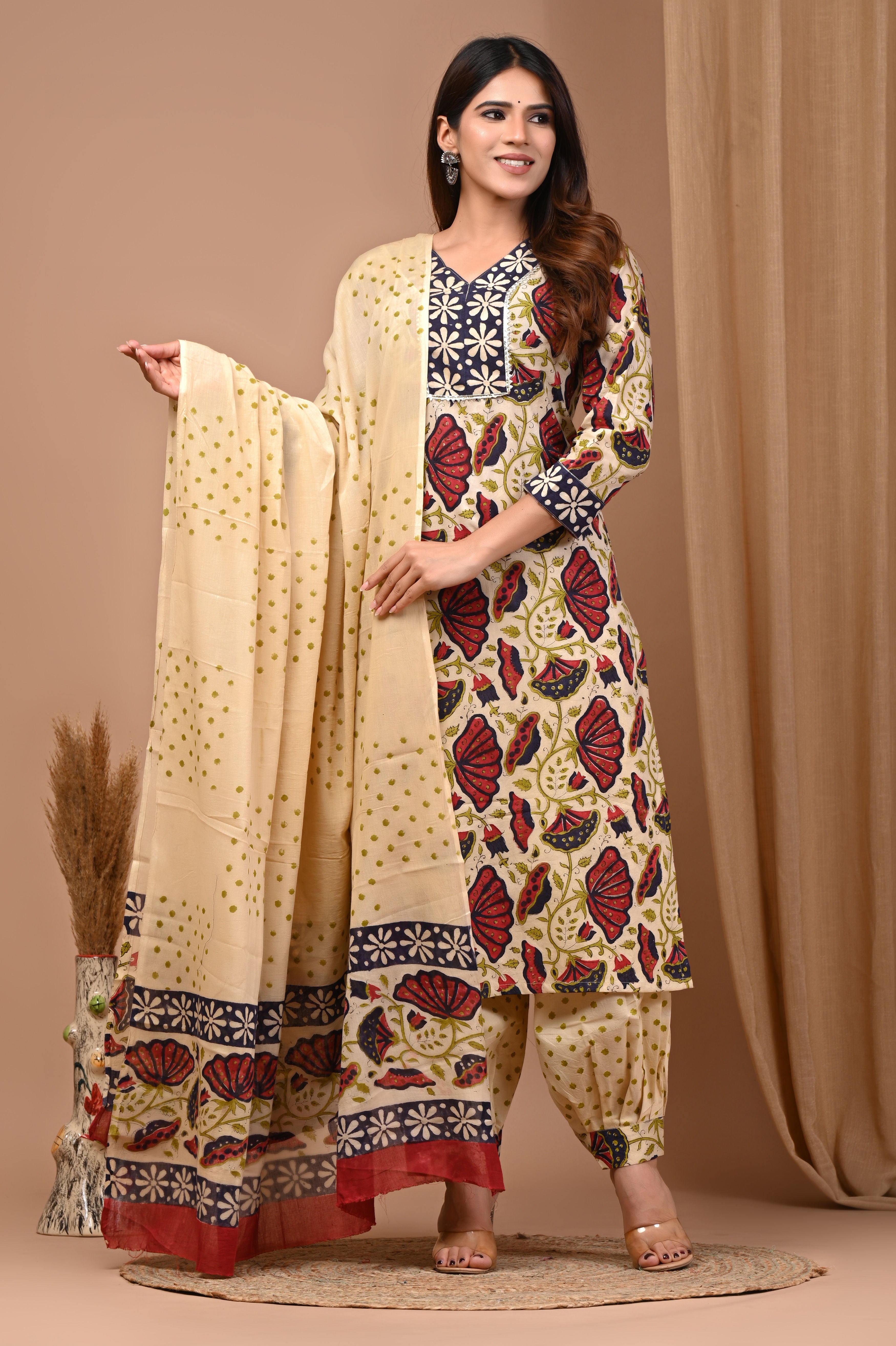 Off-White & Crimson Lotus Hand Block Print Pure Cotton Suit Set with MulMul Dupatta