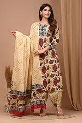 Off-White & Crimson Lotus Hand Block Print Pure Cotton Suit Set with MulMul Dupatta