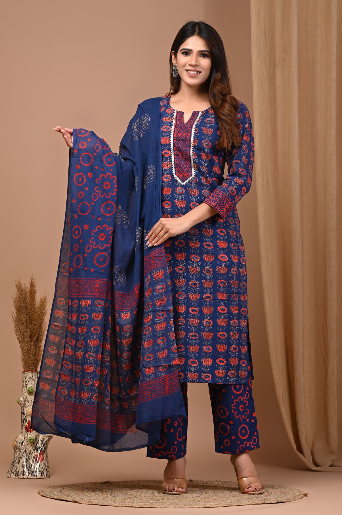 Navy Blue & Rust Red Pure Cotton Hand Block Kurti Pant Set with MulMul Dupatta