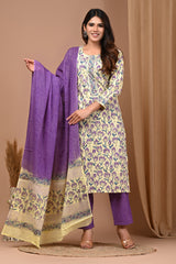 Pastel Yellow & Lavender Tulip Hand Block Print Pure Cotton Set with MulMul Dupatta