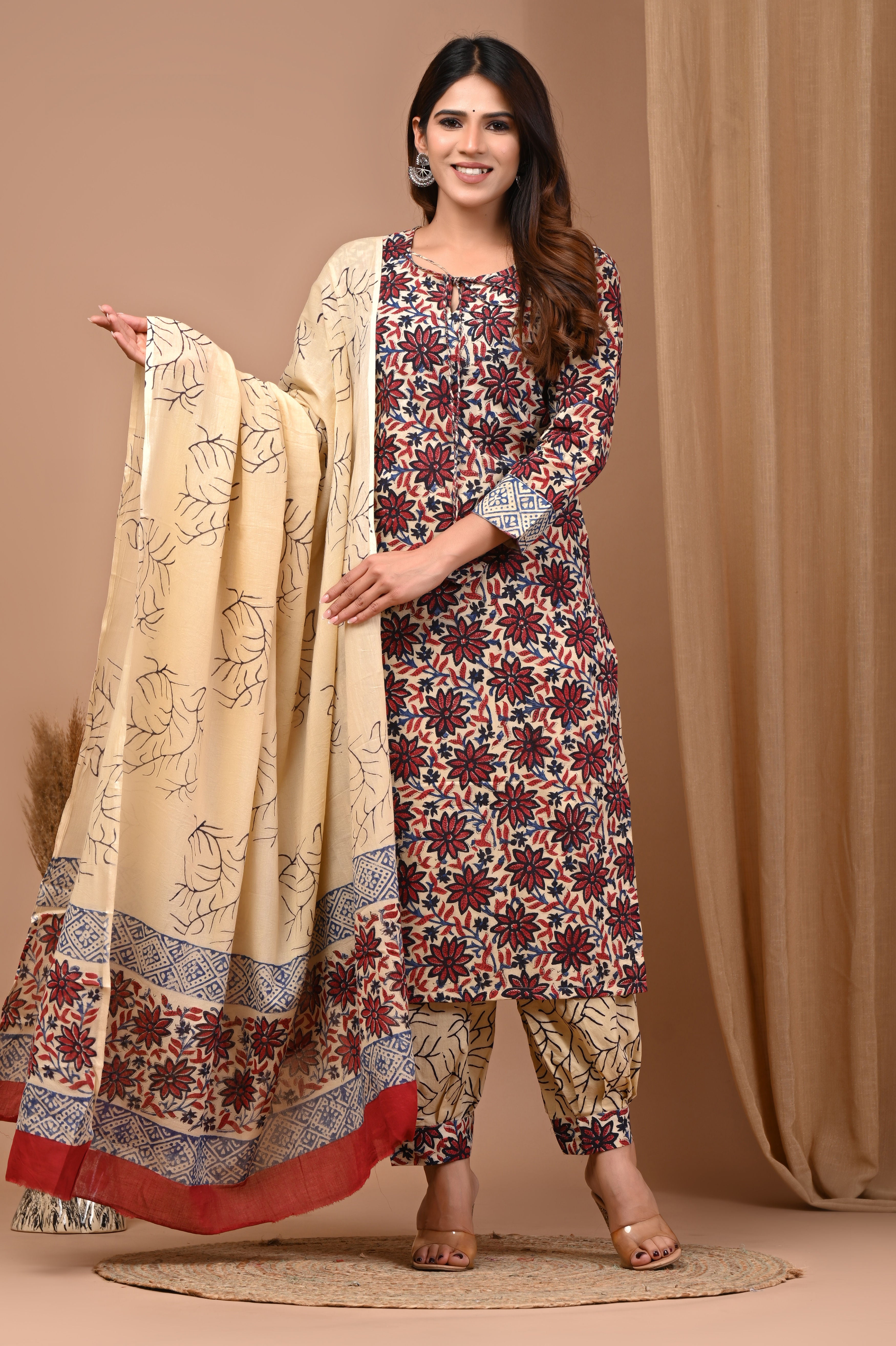 Maroon Floral Pure Cotton Hand Block Printed Kurti Pant Set with MulMul Dupatta
