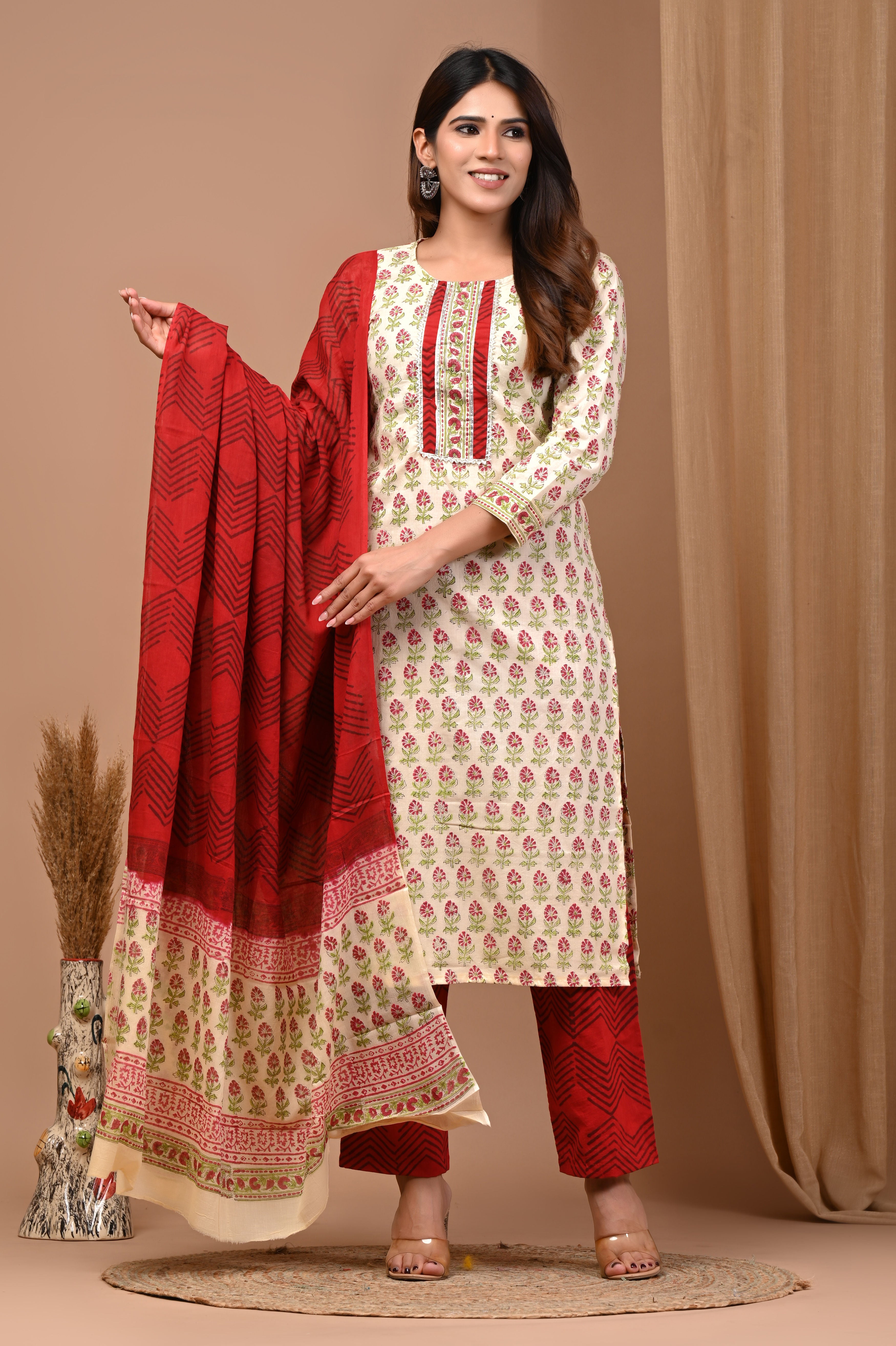Off-White & Crimson Floral Pure Cotton Hand Block Suit Set with MulMul Dupatta