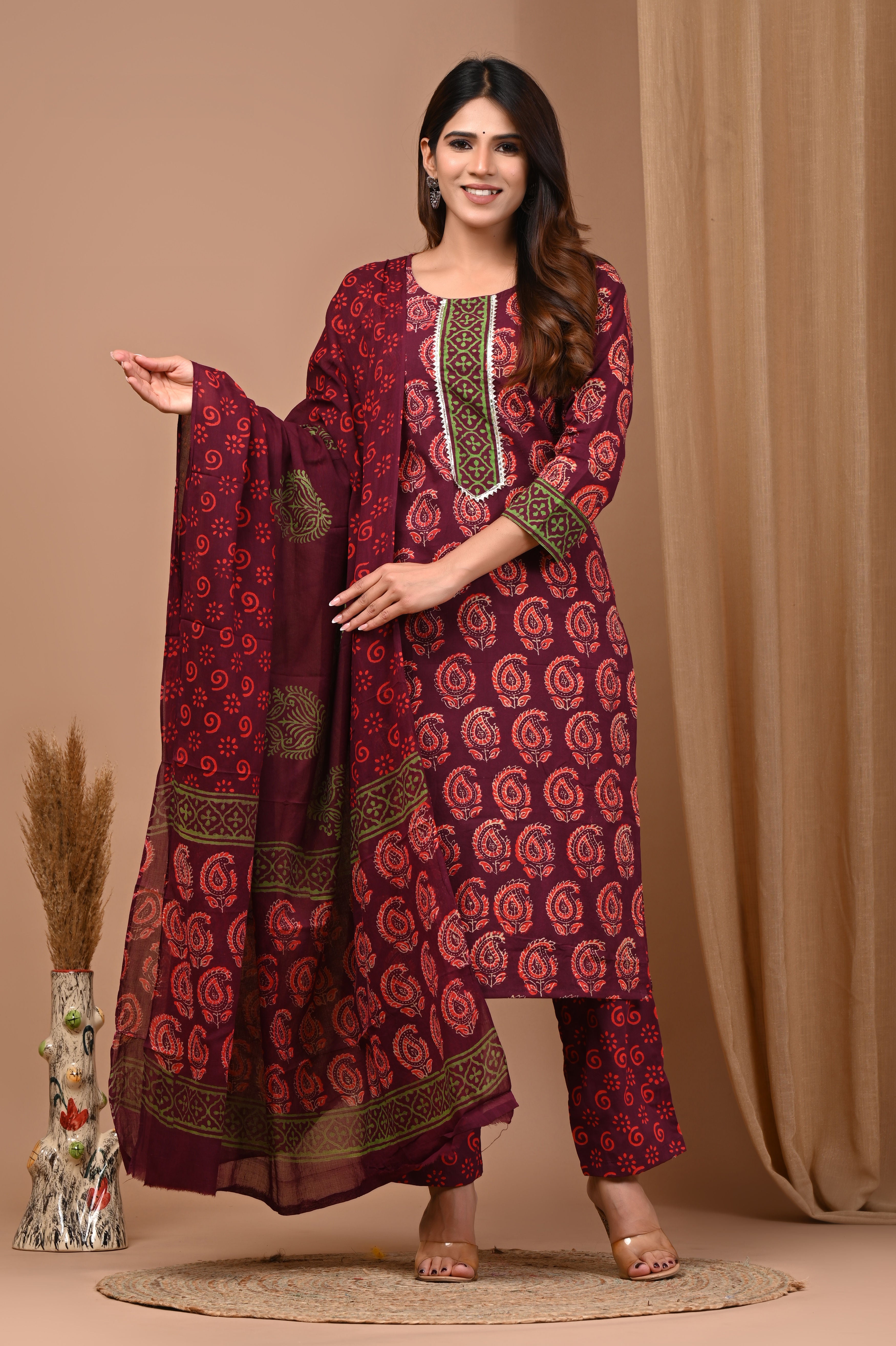 Traditional Hand Block Print Pure Cotton Kurti Pant Set with Mulmul Dupatta - Maroon & Olive Green