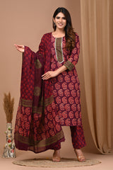 Traditional Hand Block Print Pure Cotton Kurti Pant Set with Mulmul Dupatta - Maroon & Olive Green