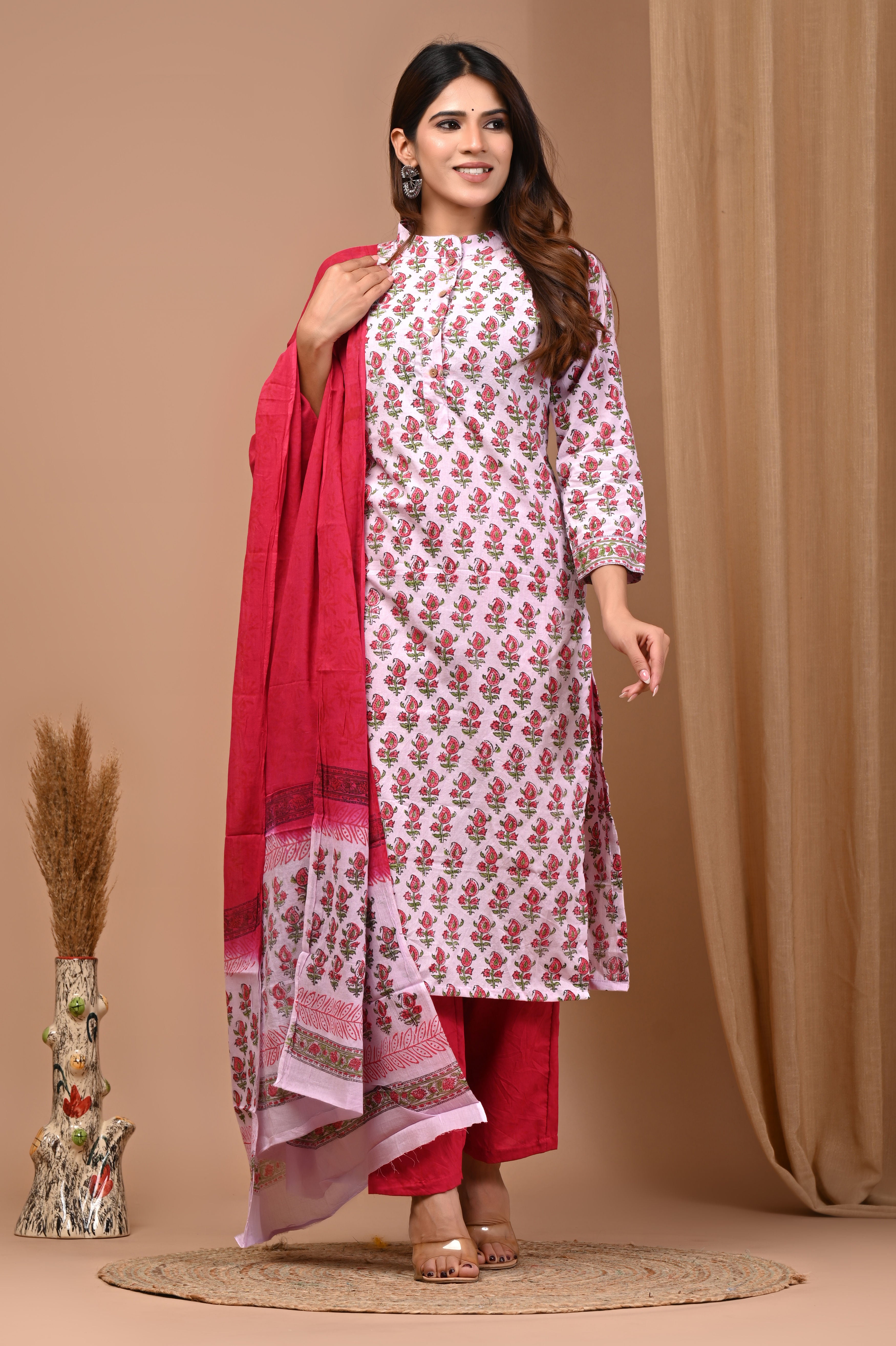 Soft Pink Floral Hand Block Printed Mandarin Collar Cotton Suit Set with MulMul Dupatta