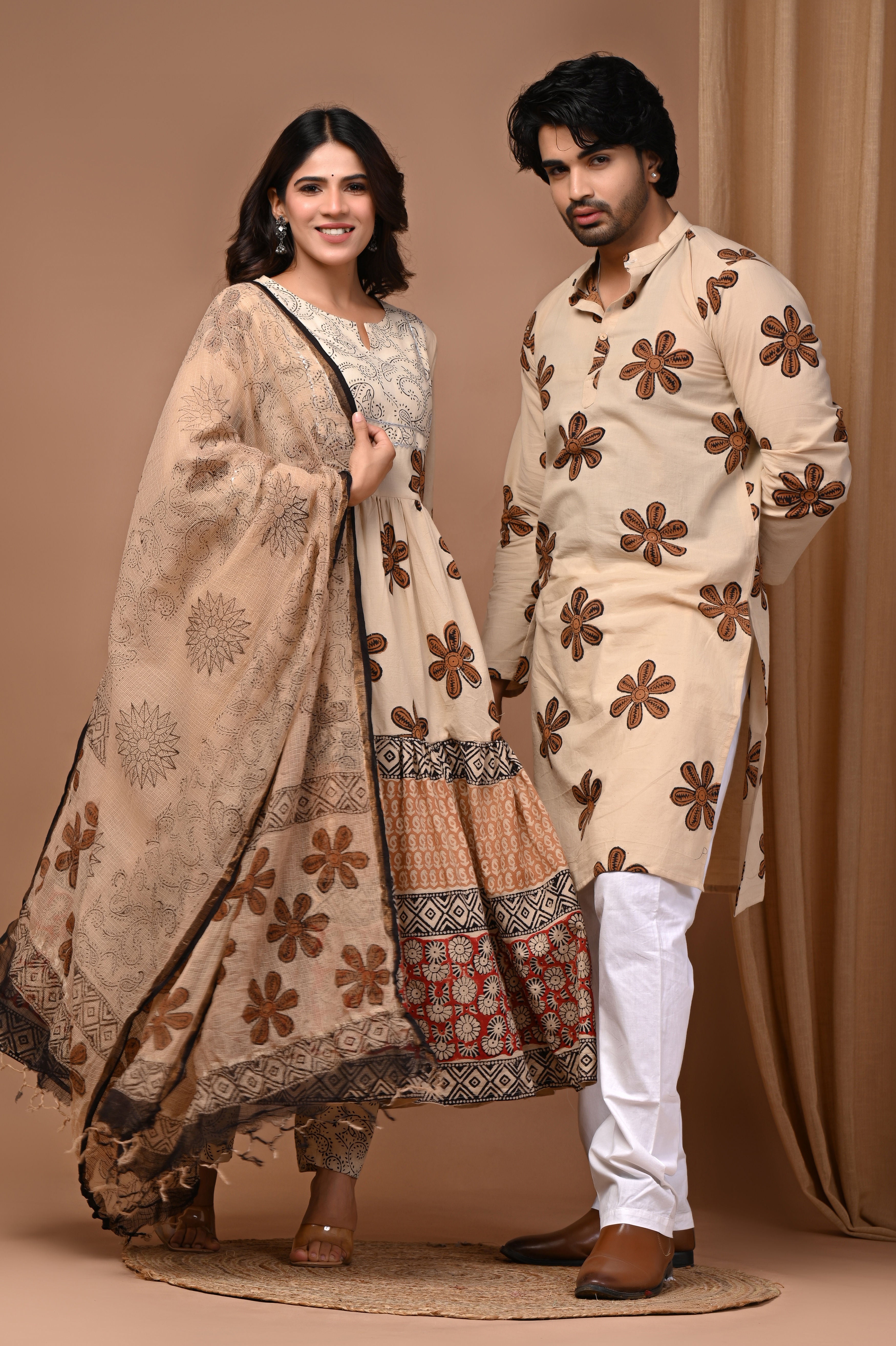 Beige Floral Hand Block Print Anarkali & Men's Kurta Couple Combo