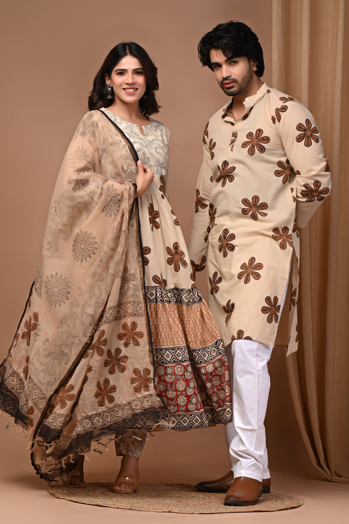 Beige Floral Hand Block Print Anarkali & Men's Kurta Couple Combo