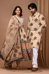 Beige Floral Hand Block Print Anarkali & Men's Kurta Couple Combo