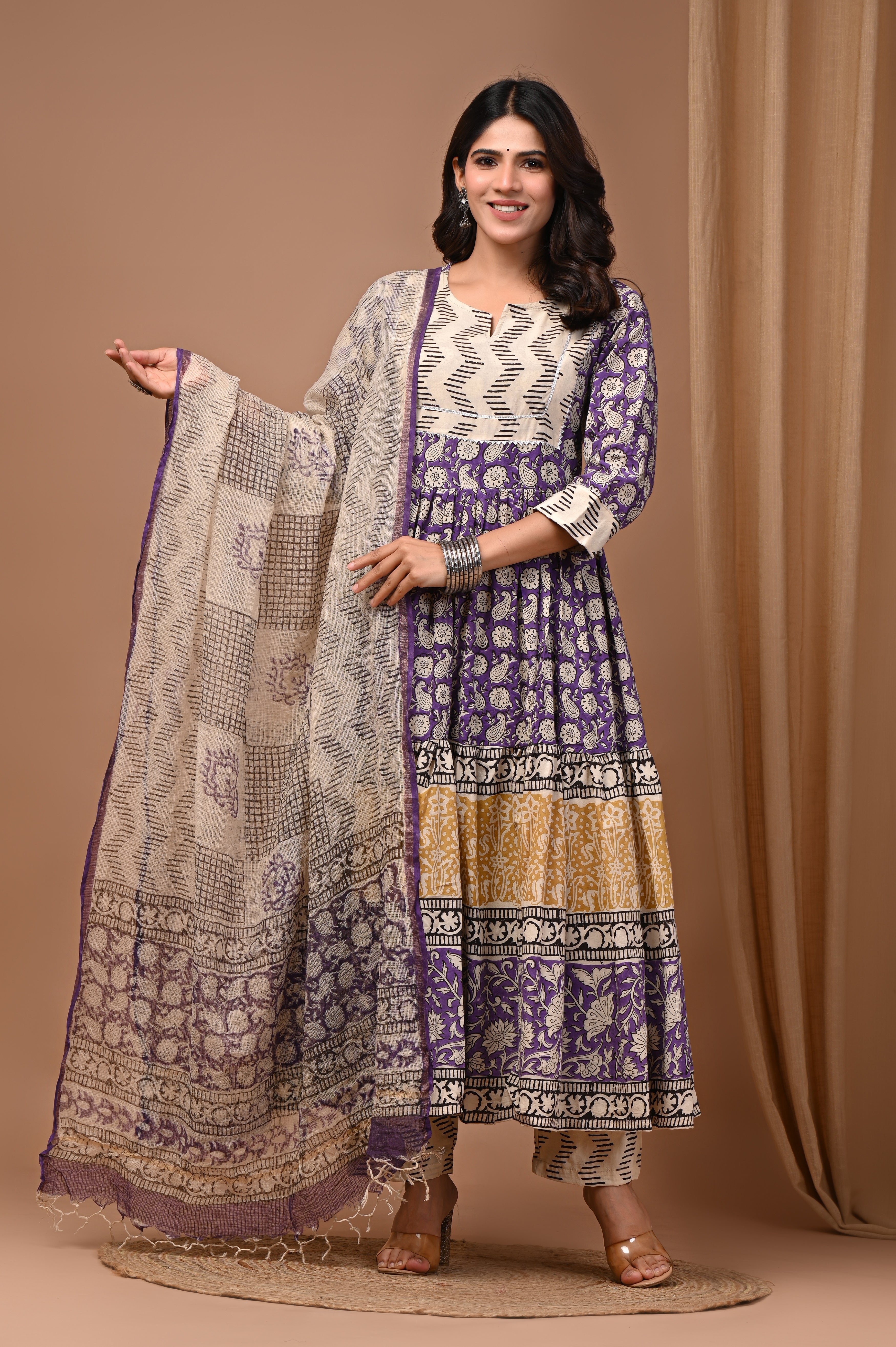 Pure Hand Block Printed Designer Anarkali with Kota Doriya Dupatta