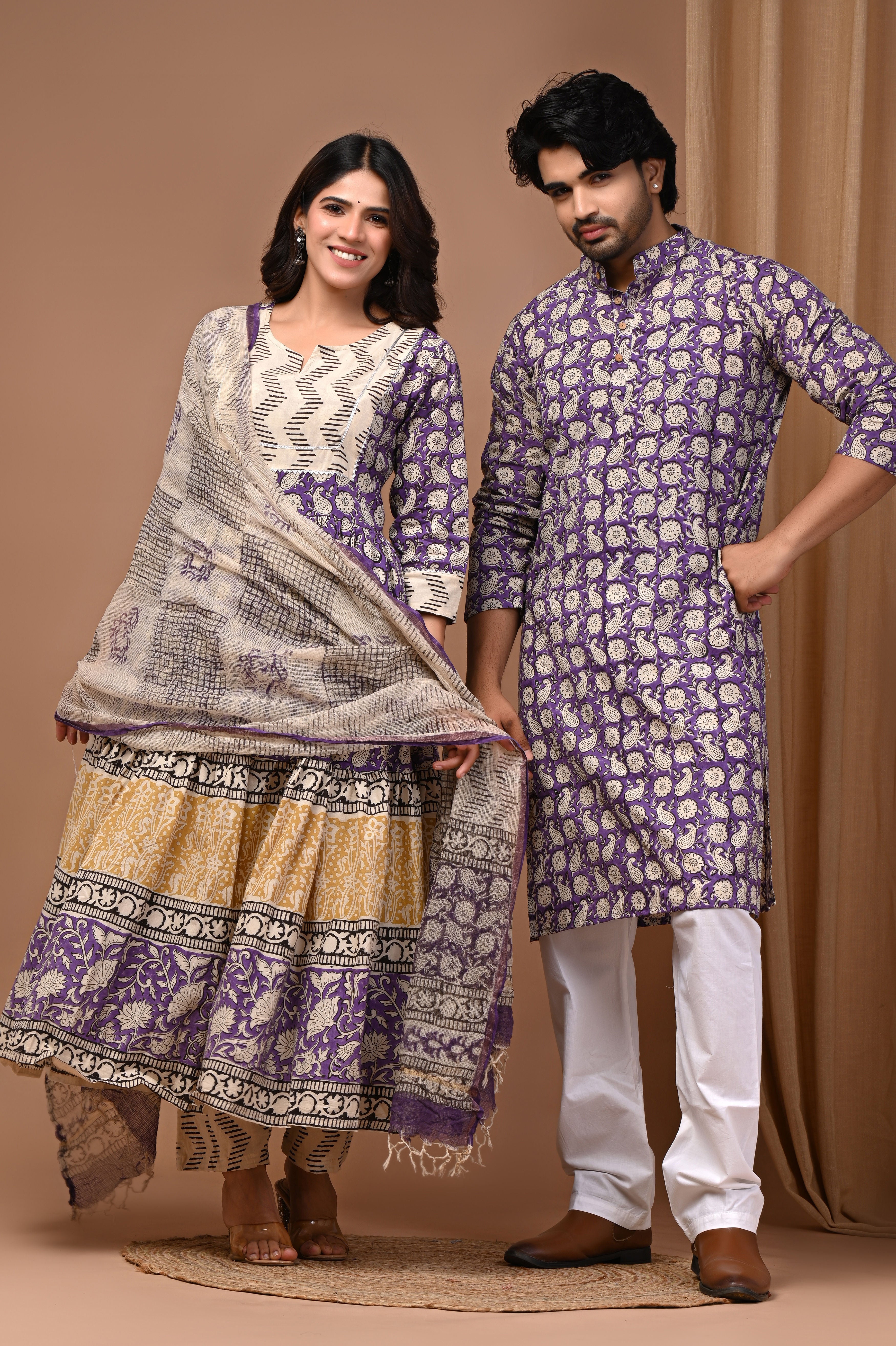 Purple Paisley Hand Block Print Anarkali Suit & Men's Kurta Couple Combo