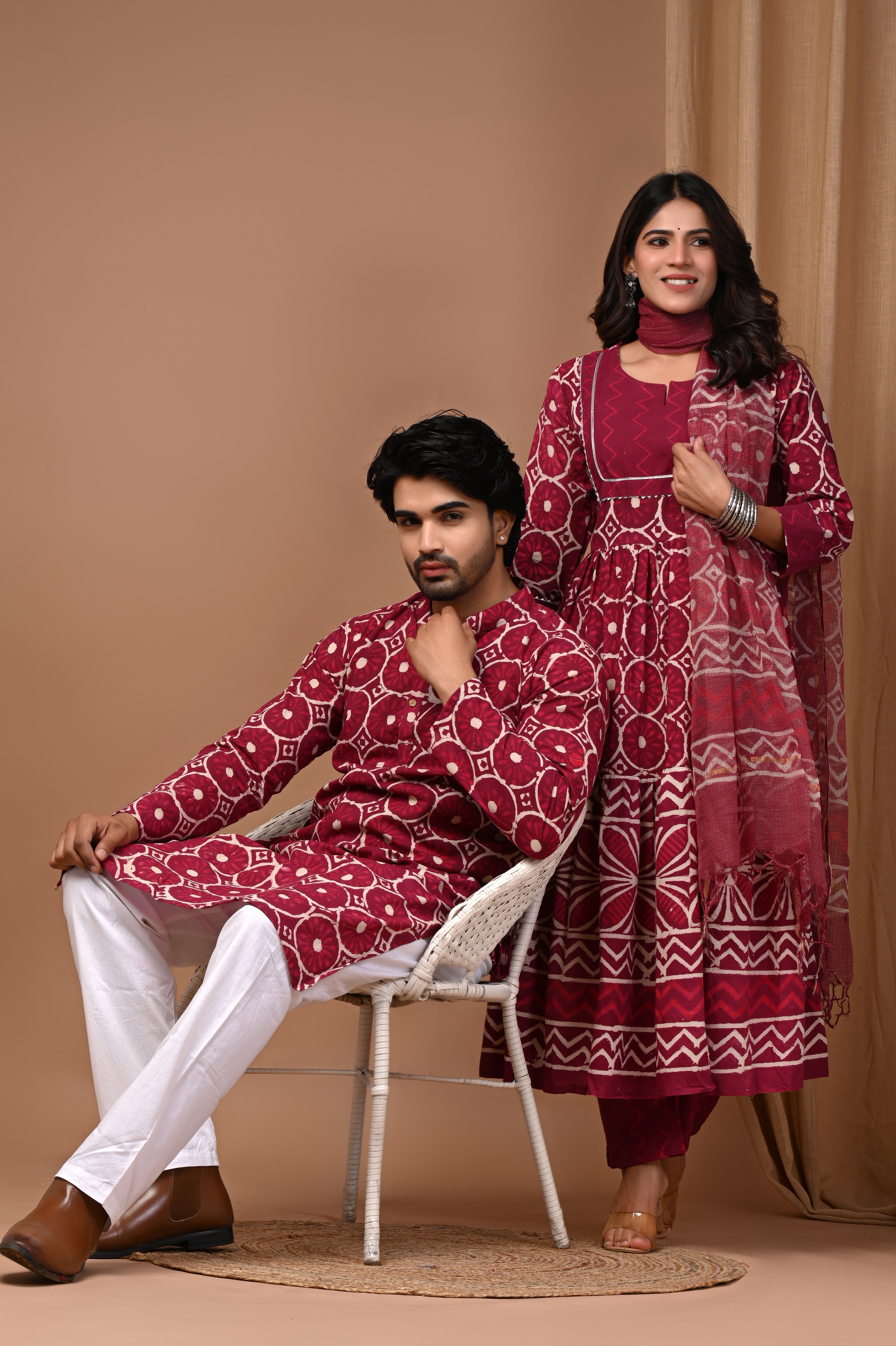 Burgundy Maroon Diamond Block Print Couple Set
