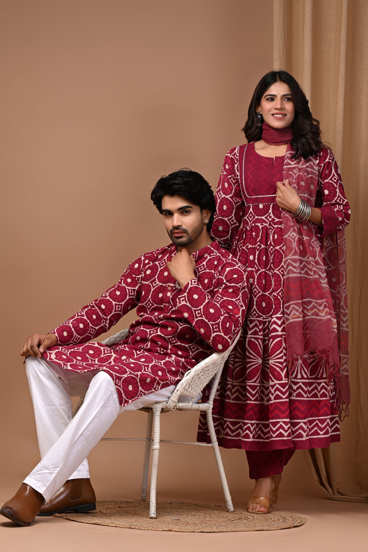 Burgundy Maroon Diamond Block Print Couple Set